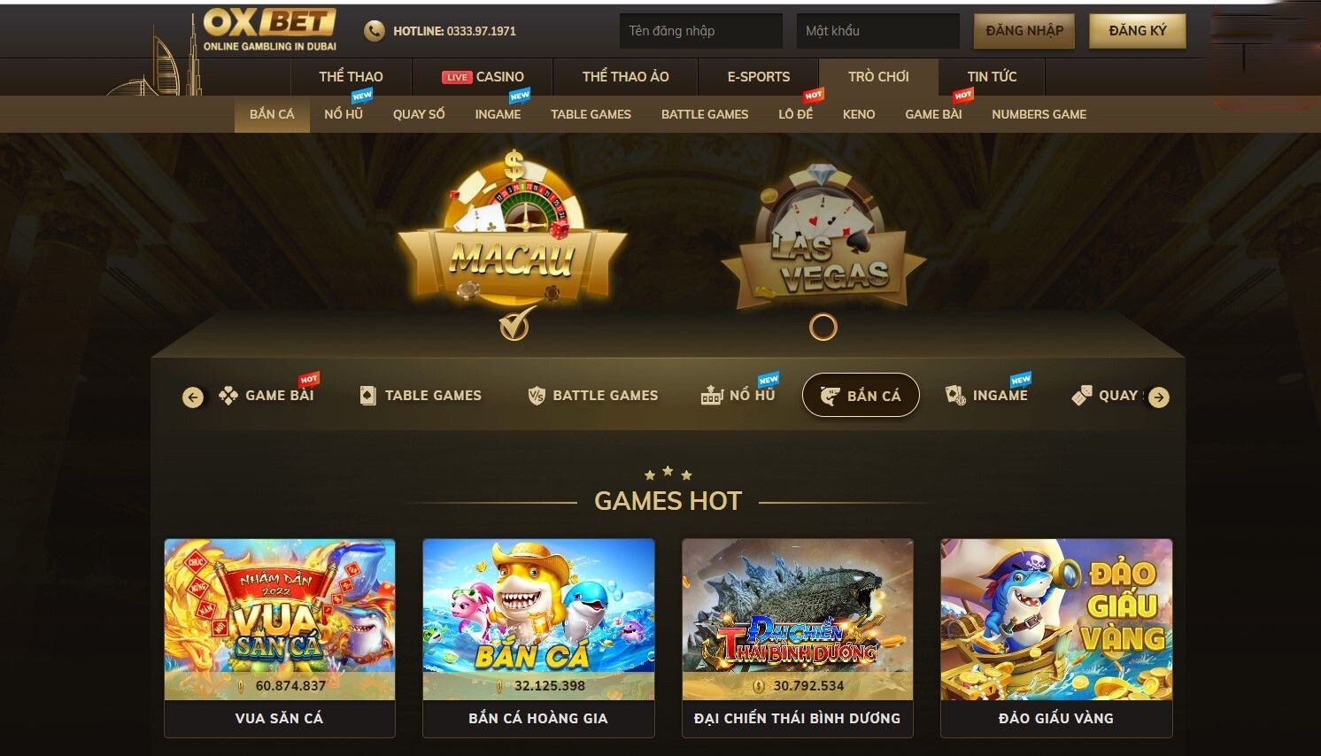 Giao diện trang chủ bắn cá hoàng gia Oxbet