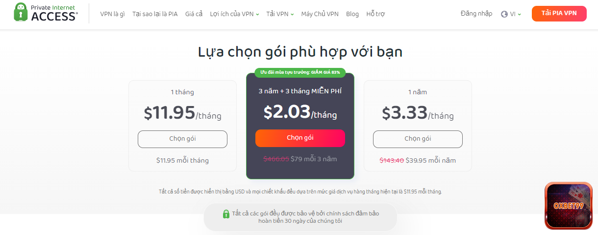 Private Internet Access (PIA) cung cấp 3 gói dịch vụ